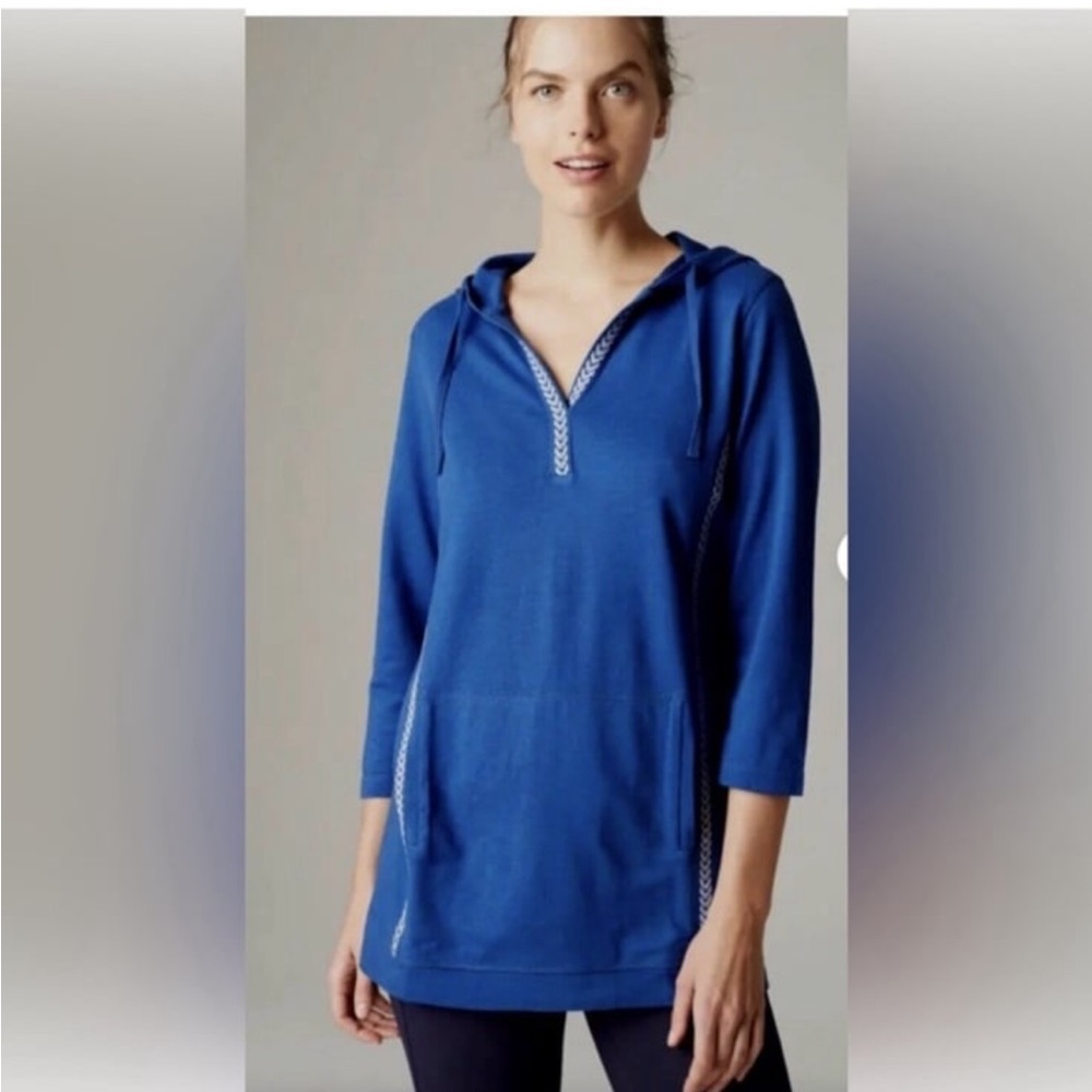 J JILL FIT Hoodie Blue/ White Embroidered Top 3/4 Sleeves Womens XS Petite